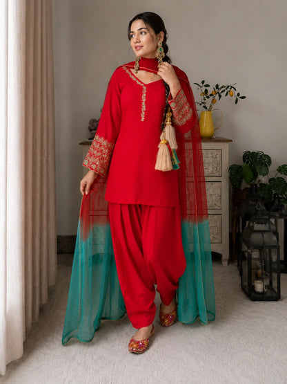 Ruby Red Embroidered Kurta Pant Set