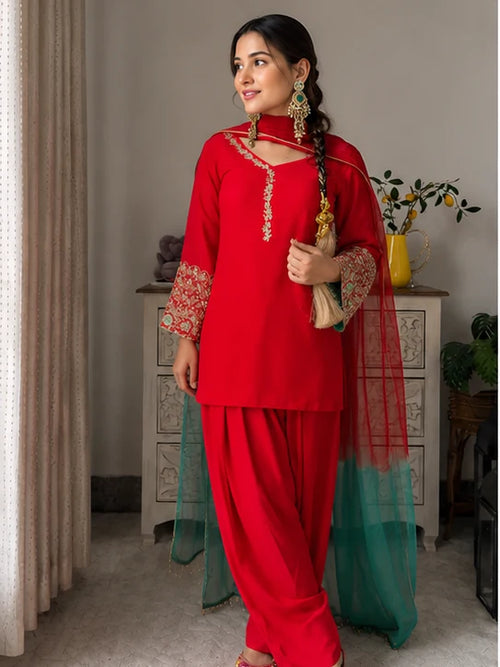 Ruby Red Embroidered Kurta Pant Set