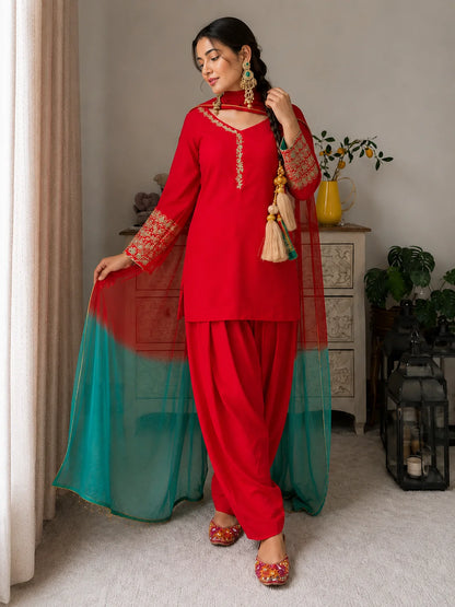 Ruby Red Embroidered Kurta Pant Set