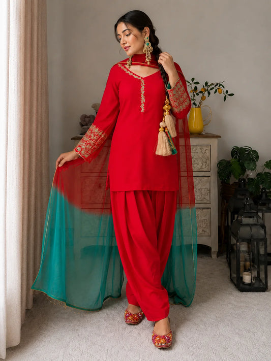 Ruby Red Embroidered Kurta Pant Set