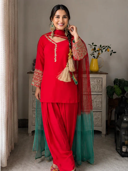Ruby Red Embroidered Kurta Pant Set