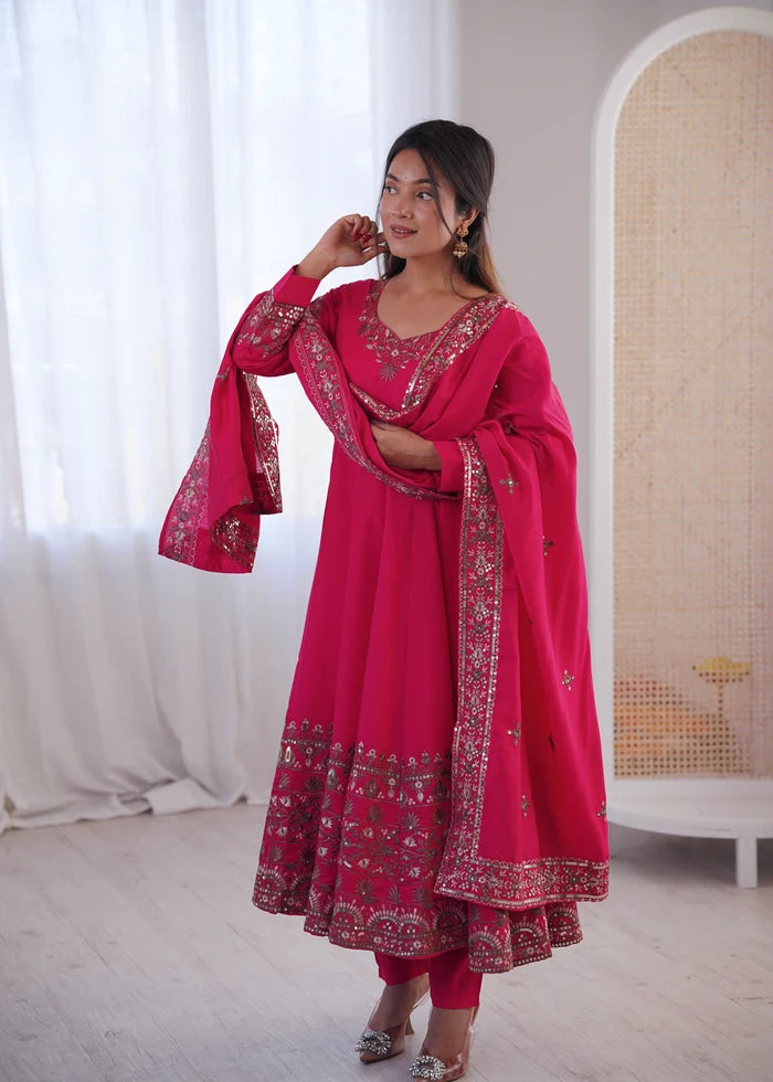 Rose Pink Embroidered Roman Silk Kurta Pant