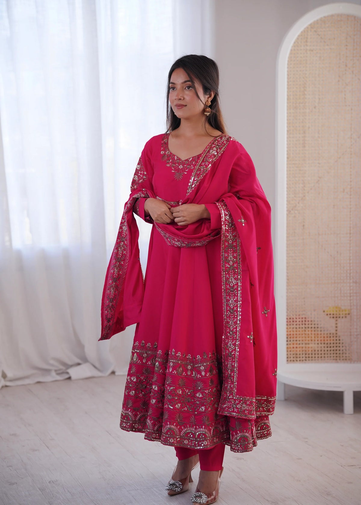 Rose Pink Embroidered Roman Silk Kurta Pant