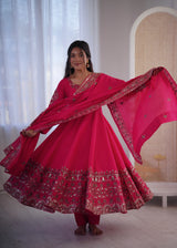 Rose Pink Embroidered Roman Silk Kurta Pant