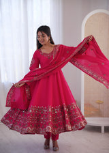 Rose Pink Embroidered Roman Silk Kurta Pant