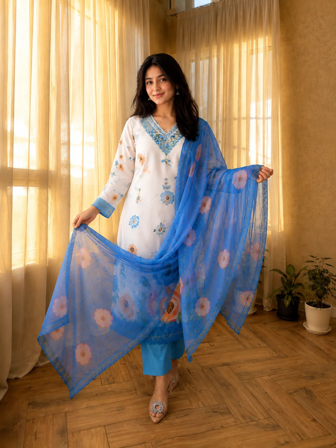 Soft Cotton Sky Blue Flower Print Suit Set