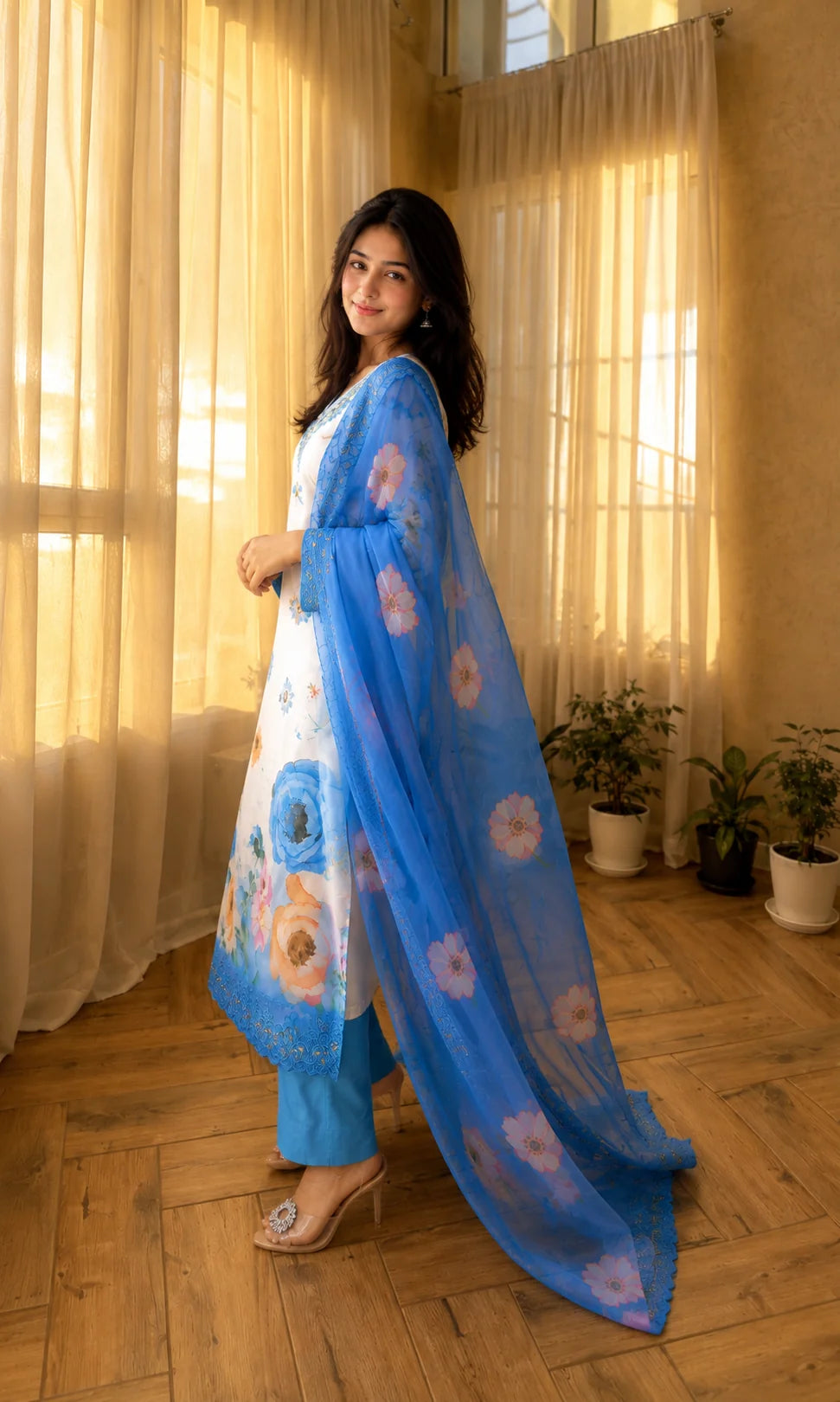 Soft Cotton Sky Blue Flower Print Suit Set