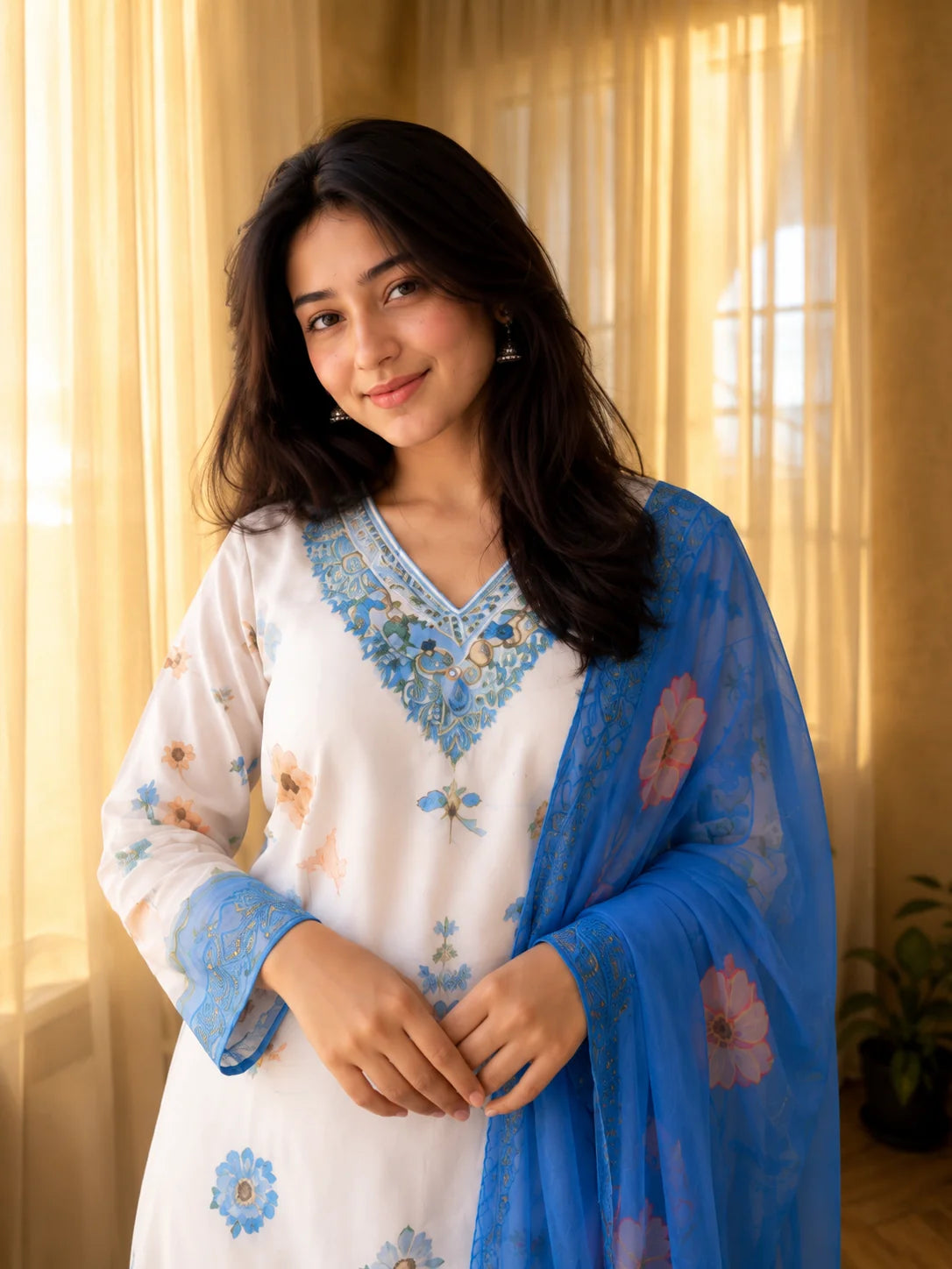 Soft Cotton Sky Blue Flower Print Suit Set