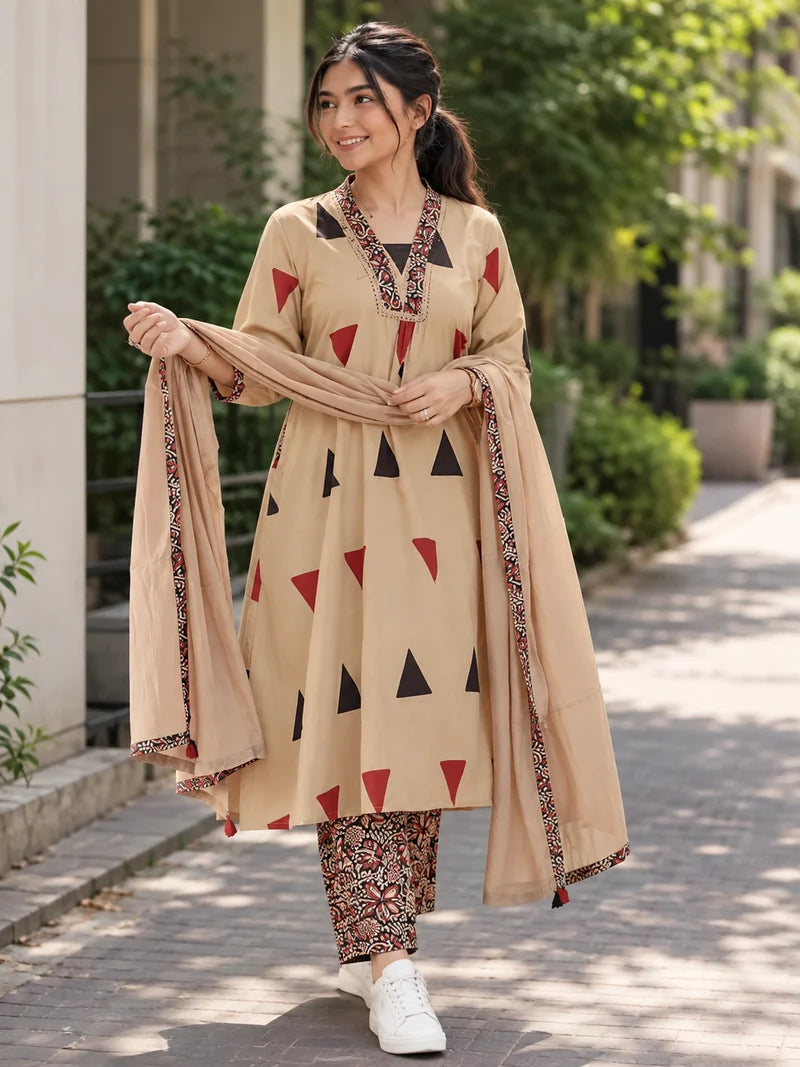Pure Cotton Kalamkari A-Line Suit with Dupatta