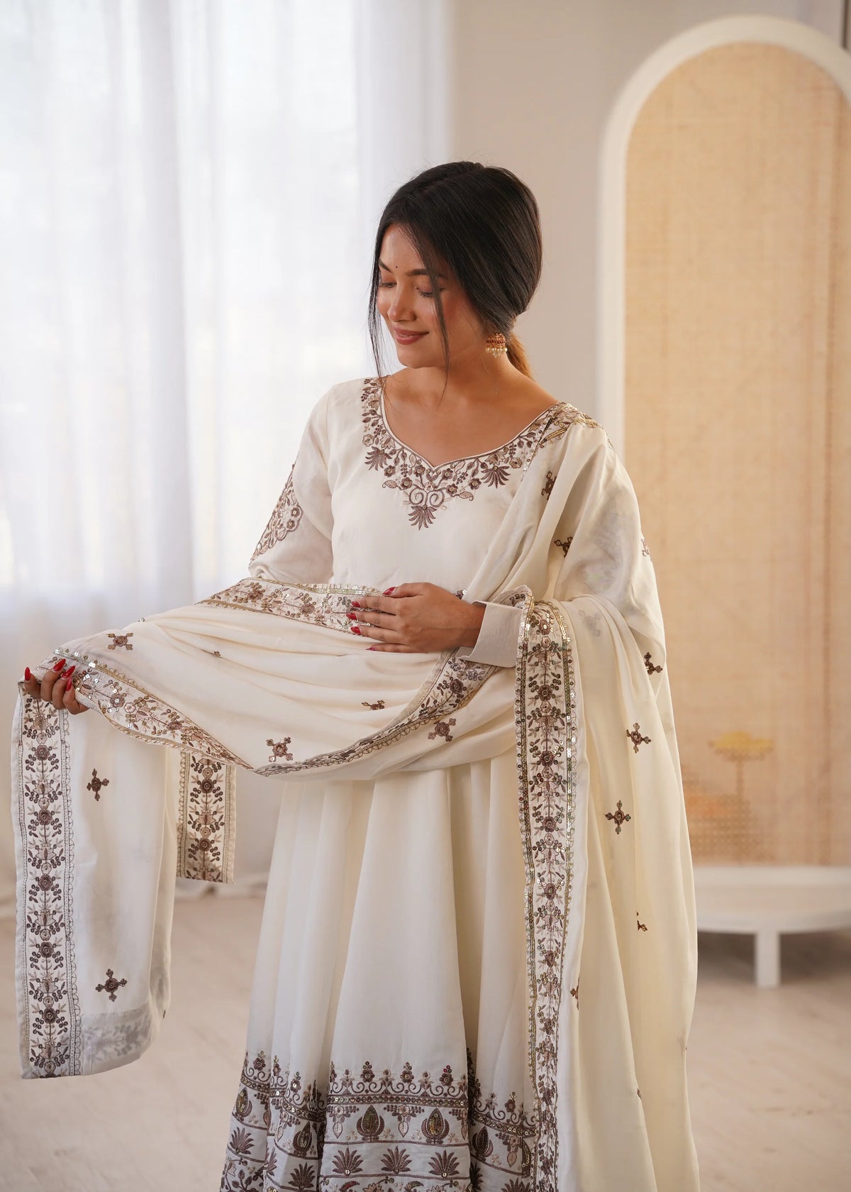 Pearl White Embroidered Roman Silk Kurta Pant
