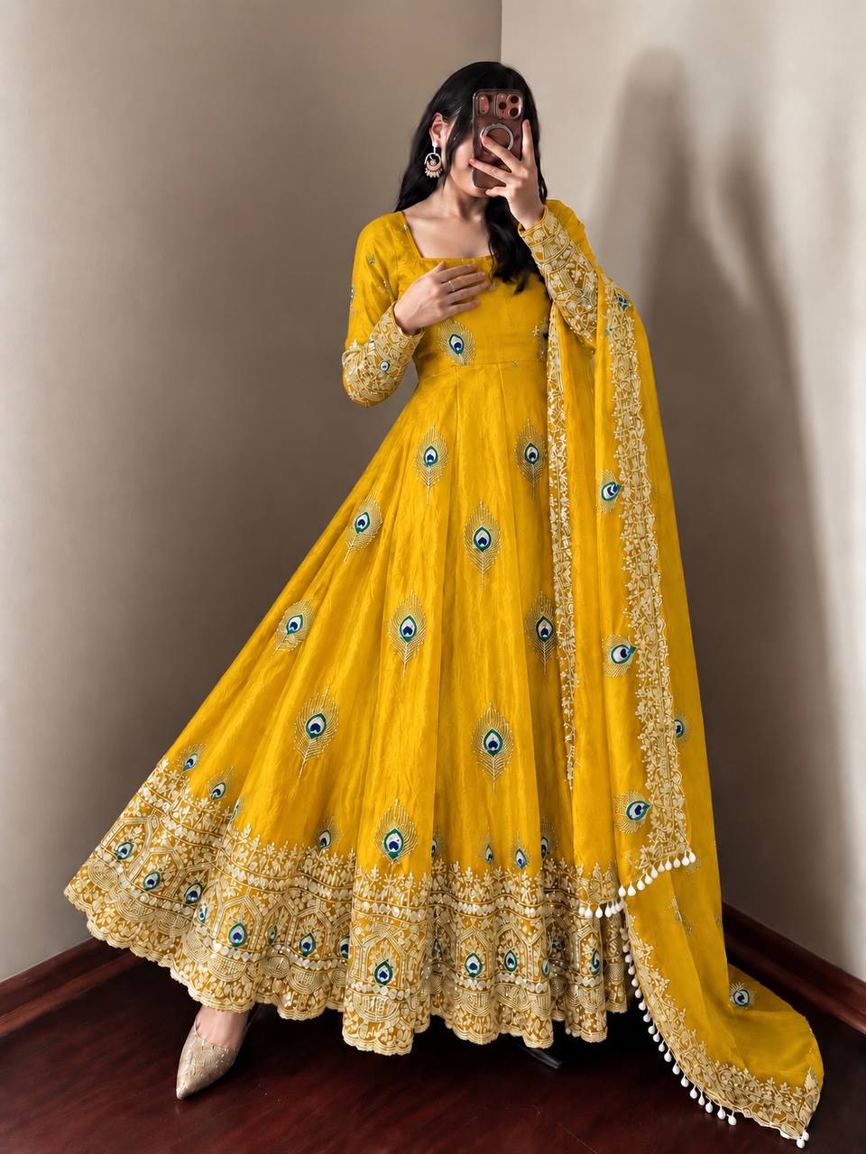 Yellow Silk Embroidered Anarkali Gown