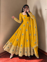 Yellow Silk Embroidered Anarkali Gown