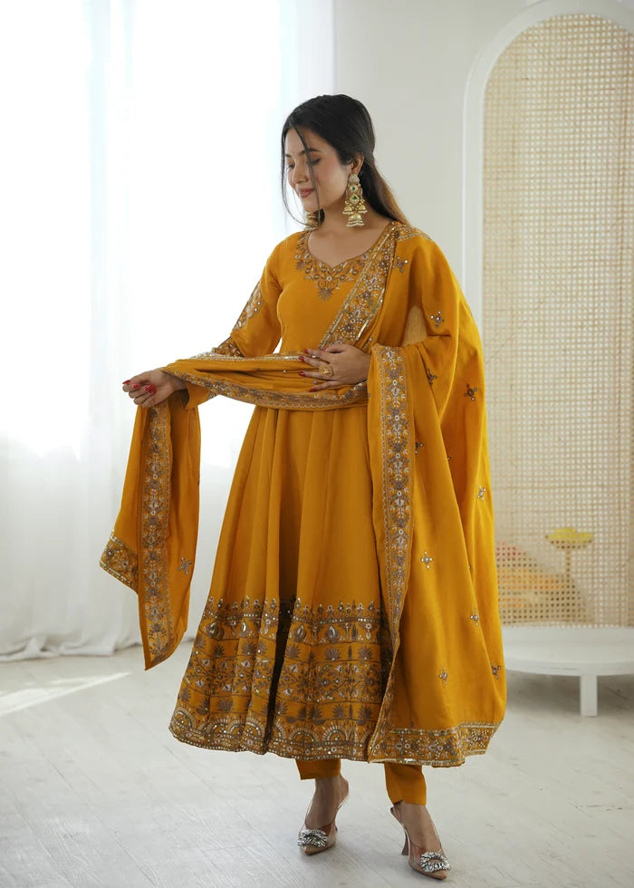 Mustard Yellow Embroidered Roman Silk Kurta Pant