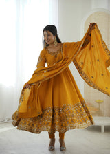 Mustard Yellow Embroidered Roman Silk Kurta Pant