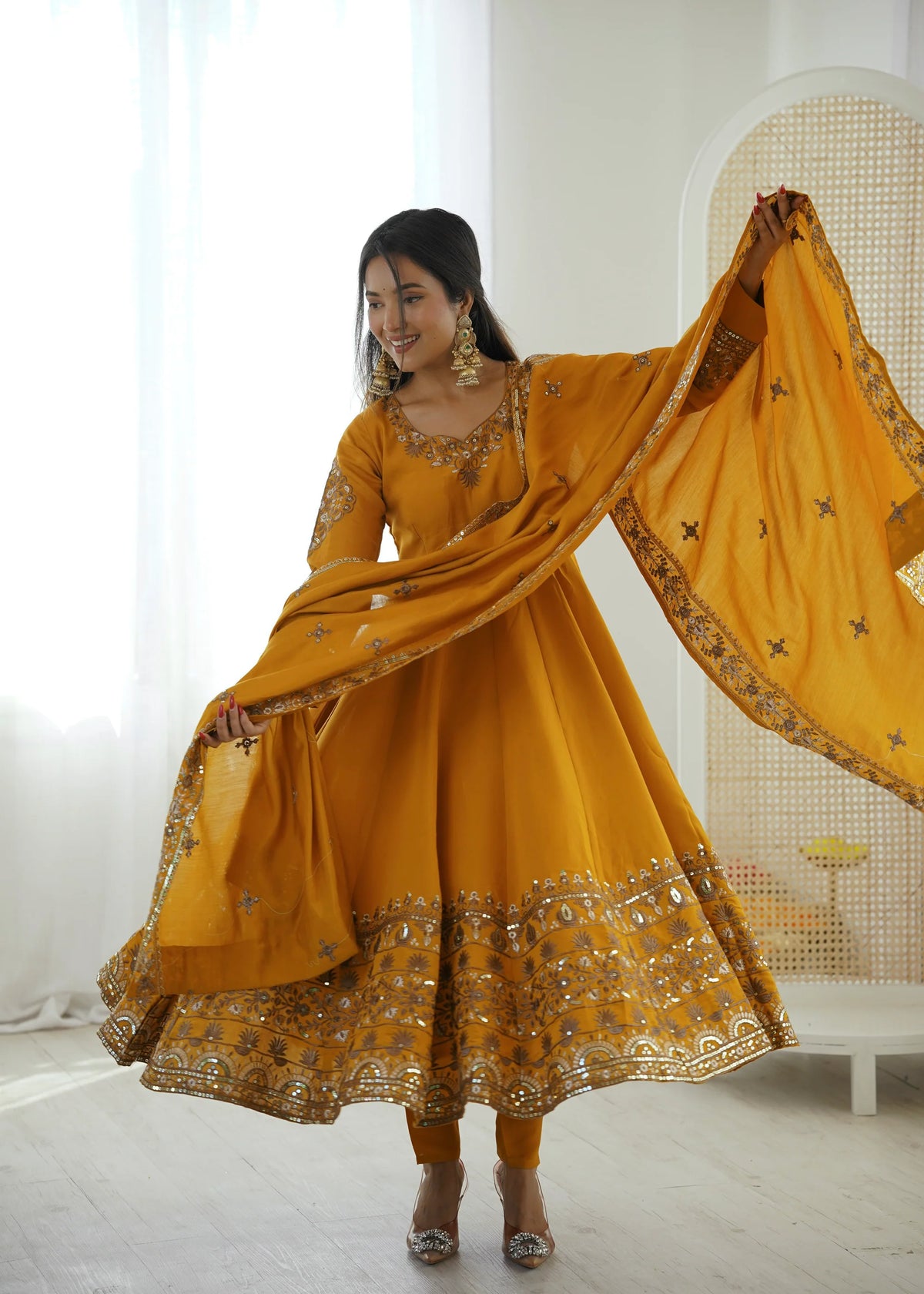 Mustard Yellow Embroidered Roman Silk Kurta Pant