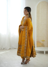 Mustard Yellow Embroidered Roman Silk Kurta Pant
