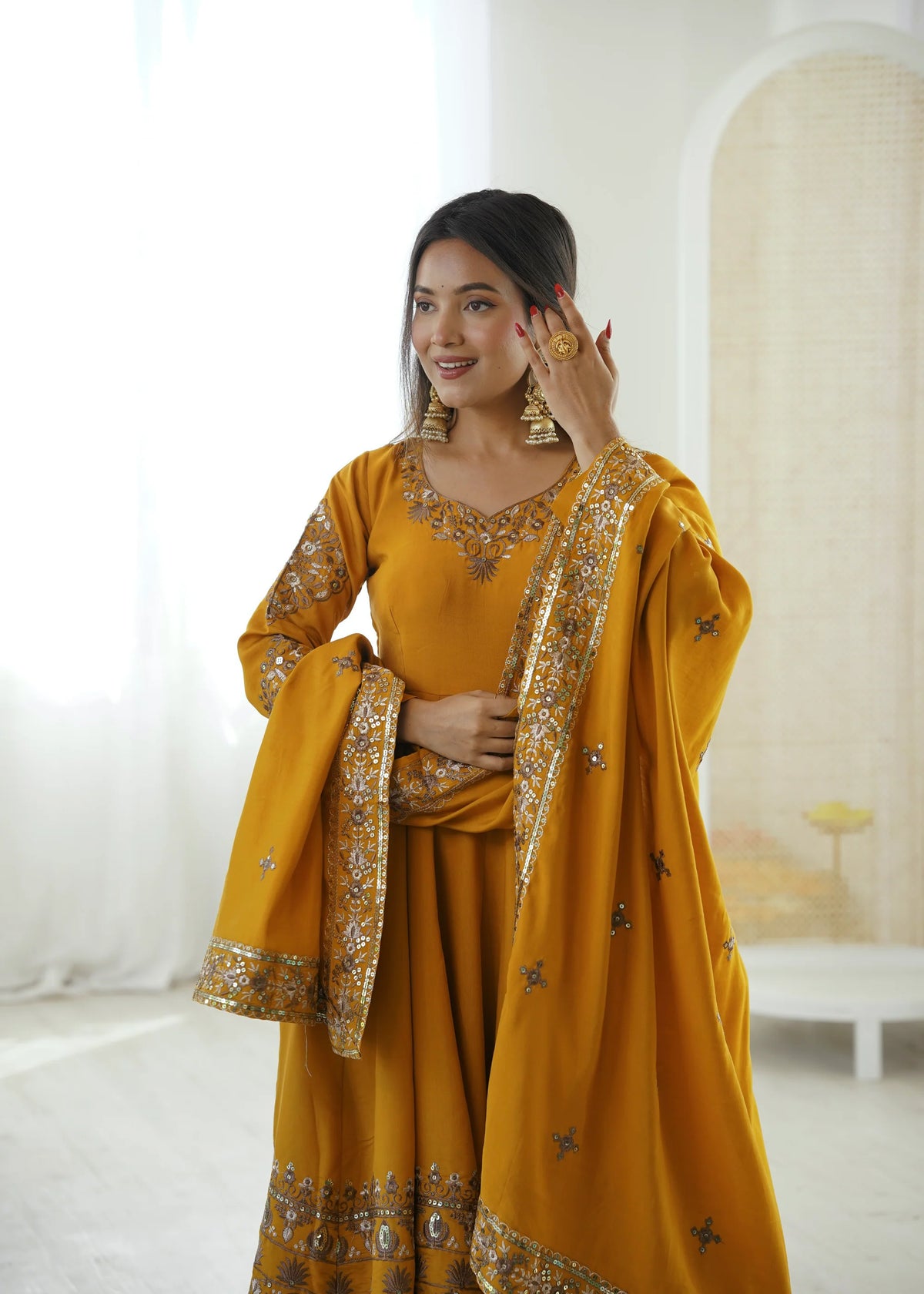 Mustard Yellow Embroidered Roman Silk Kurta Pant