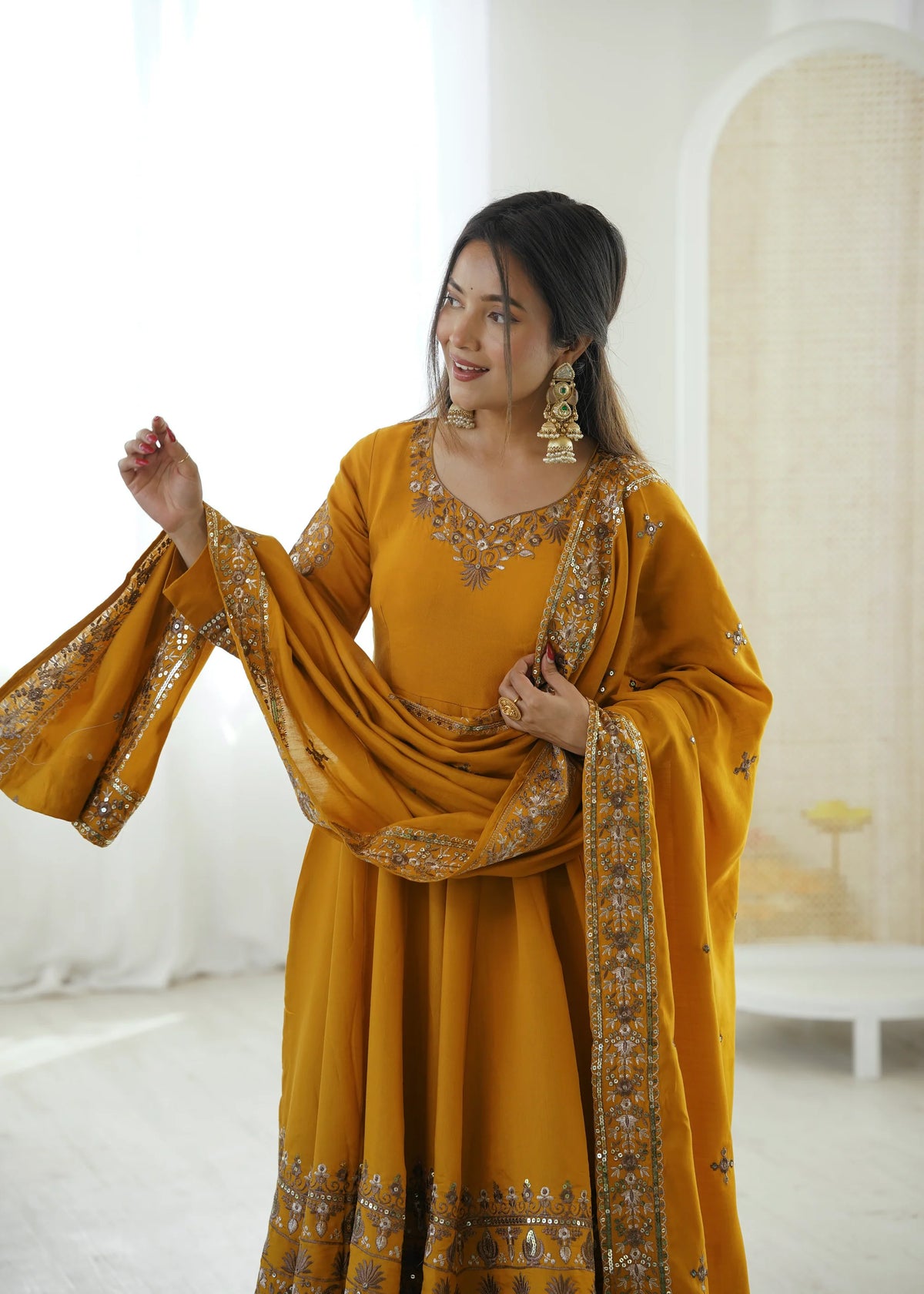 Mustard Yellow Embroidered Roman Silk Kurta Pant