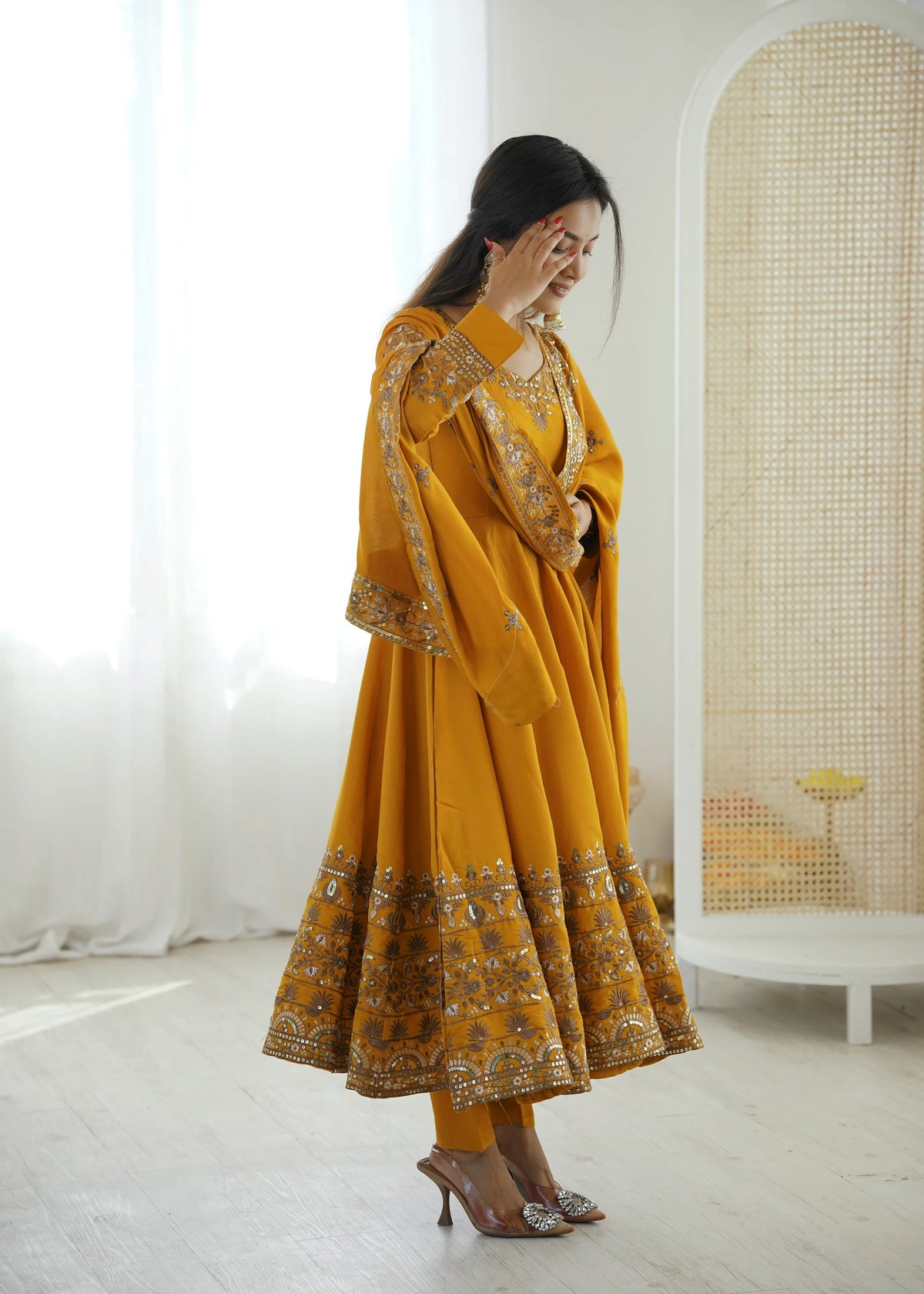 Mustard Yellow Embroidered Roman Silk Kurta Pant