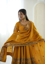 Mustard Yellow Embroidered Roman Silk Kurta Pant