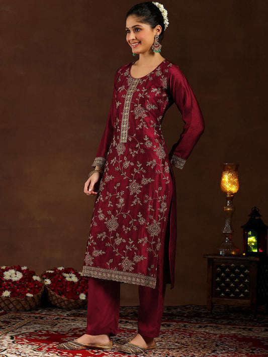 Wine Embroidered Vichitra Silk Suit Set