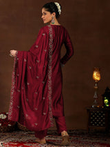 Wine Embroidered Vichitra Silk Suit Set